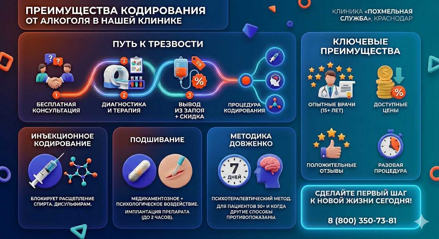 Инфографика о методах кодирования от алкоголя в Бредах: инъекции, подшивание, метод Довженко. Преимущества клиники и этапы лечения.