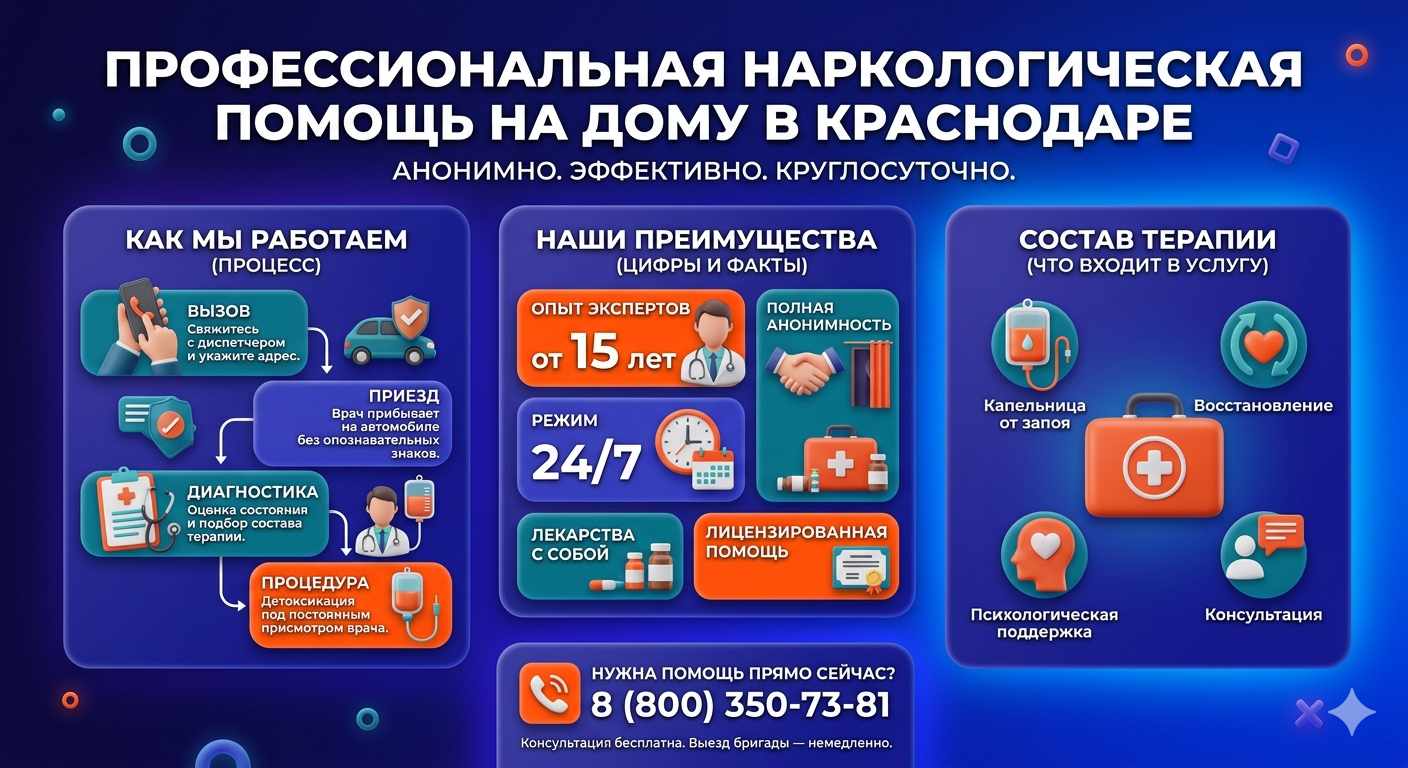 Инфографика о принципах лечения алкоголизма на дому в Бредах: этапы вызова нарколога, преимущества анонимной детоксикации и состав медицинской помощи.